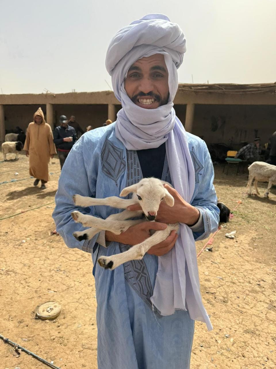 Houssine Lamghari, owner of Address Morocco, in a traditional blue robe and white turban, holding a newborn lamb at a livestock market in Morocco